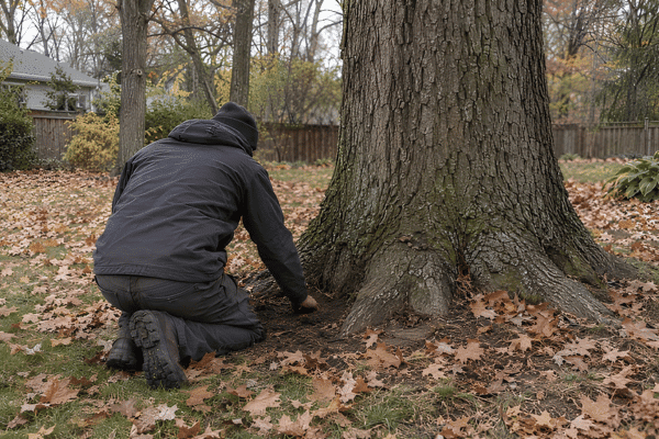 Arborist seen from behind kneeling at the root flare of a large oak tree in a Minnesota yard in fall.