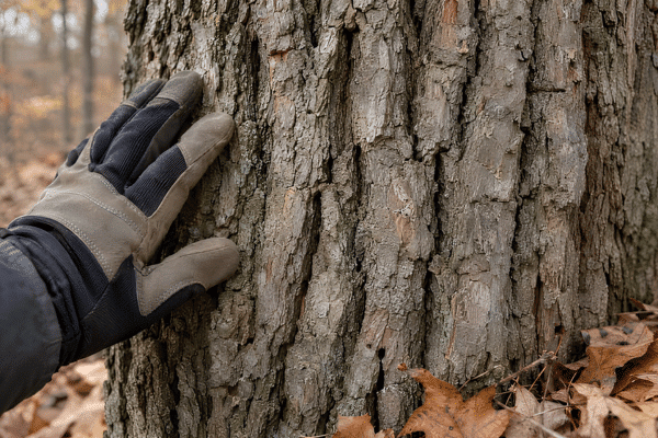 Close-up of oak trunk bark with small exit holes and vertical cracks.